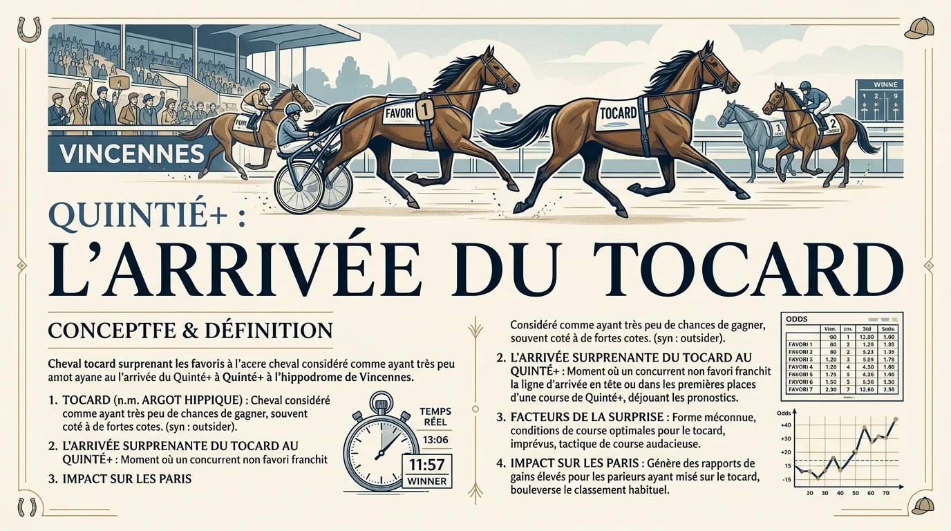 Cheval tocard surprenant les favoris à l'arrivée du Quinté+ à l'hippodrome de Vincennes