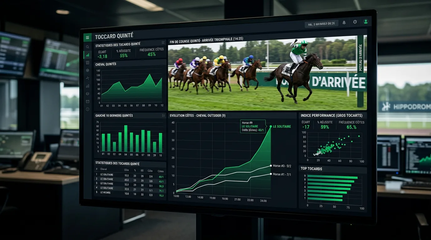 Graphique des statistiques tocard quinté avec un cheval outsider franchissant le poteau d'arrivée en tête.